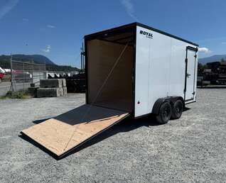 Thumbnail Photo of 2026 Royal 7x14 V Nose Cargo / Enclosed Trailer Extra Height Ramp Door White w/ Blackout Trim Package 7700lb GVW