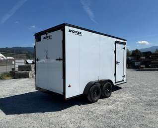 Thumbnail Photo of 2026 Royal 7x14 V Nose Cargo / Enclosed Trailer Extra Height Ramp Door White w/ Blackout Trim Package 7700lb GVW