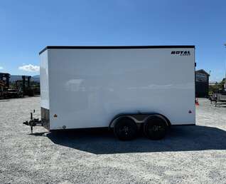 Thumbnail Photo of 2026 Royal 7x14 V Nose Cargo / Enclosed Trailer Extra Height Ramp Door White w/ Blackout Trim Package 7700lb GVW