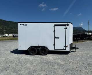 Thumbnail Photo of 2026 Royal 7x14 V Nose Cargo / Enclosed Trailer Extra Height Ramp Door White w/ Blackout Trim Package 7700lb GVW