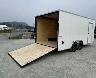 Thumbnail Photo of 2025 Impact 8.5x18 Quake V Nose Cargo Enclosed Trailer Ramp Door Extra Height White 7000lb GVW