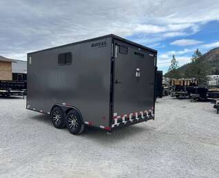 Thumbnail Photo of 2026 Royal 8.5x16 V Nose Cargo Enclosed Trailer Camping Package Charcoal Grey w/ Blackout Pkg, Insulated, Ramp Door, White Walls, 2x Windows & More!