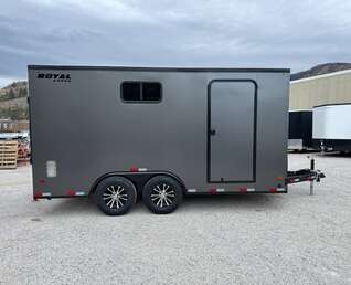 Thumbnail Photo of 2026 Royal 8.5x16 V Nose Cargo Enclosed Trailer Camping Package Charcoal Grey w/ Blackout Pkg, Insulated, Ramp Door, White Walls, 2x Windows & More!