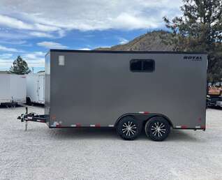 Thumbnail Photo of 2026 Royal 8.5x16 V Nose Cargo Enclosed Trailer Camping Package Charcoal Grey w/ Blackout Pkg, Insulated, Ramp Door, White Walls, 2x Windows & More!