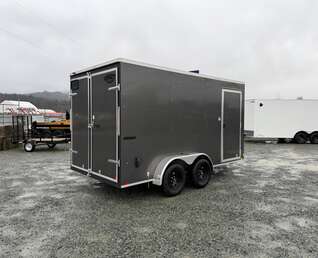 Thumbnail Photo of 2026 Impact 7x14 Quake V Nose Cargo Enclosed Trailer Barn Doors Extra Height Charcoal Grey 7000lb GVW