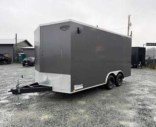 Thumbnail Photo of 2026 Impact 8.5x16 Quake V Nose Cargo Enclosed Trailer Ramp Door Extra Height Charcoal Grey 7000lb GVW