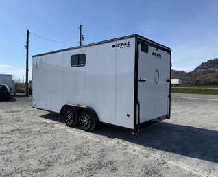 Thumbnail Photo of 2026 Royal 7.5x18 Cargo Enclosed Trailer Insulated Camping Package w/ Black Trim, Side Windows, Ramp Door, White