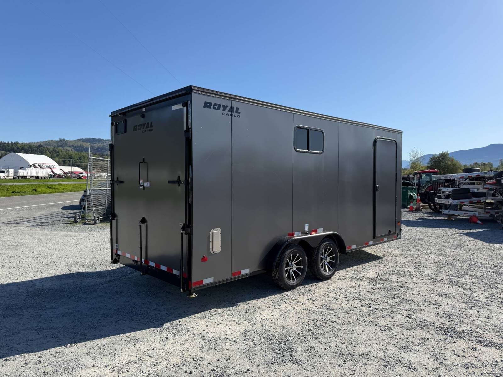 Photo of 2026 Royal 7.5x18 Cargo Enclosed Trailer Insulated Camping Package w/ Black Trim, Side Windows, Ramp Door, Charcoal Grey