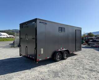 Thumbnail Photo of 2026 Royal 7.5x18 Cargo Enclosed Trailer Insulated Camping Package w/ Black Trim, Side Windows, Ramp Door, Charcoal Grey