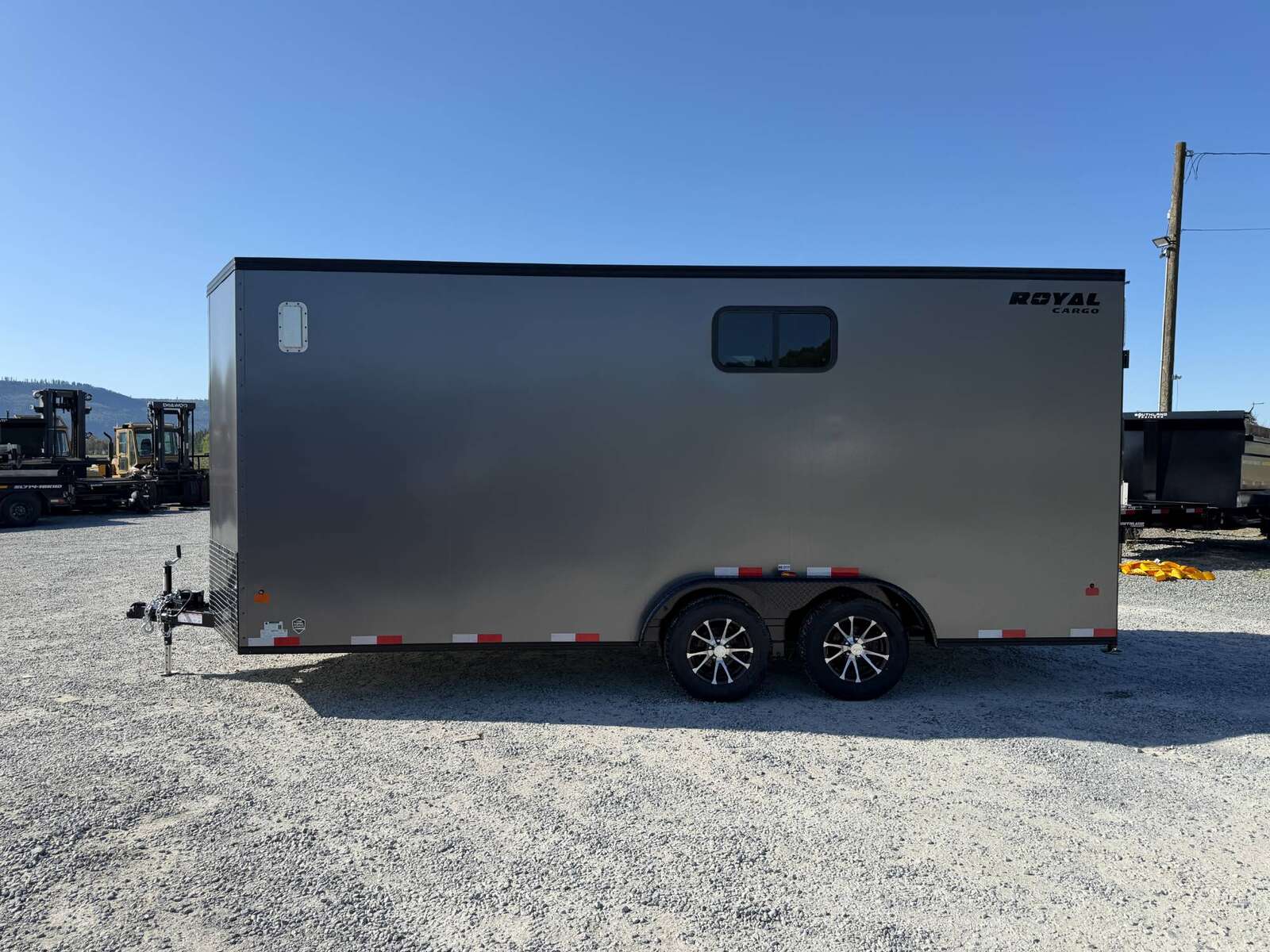 Photo of 2026 Royal 7.5x18 Cargo Enclosed Trailer Insulated Camping Package w/ Black Trim, Side Windows, Ramp Door, Charcoal Grey