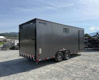Thumbnail Photo of 2026 Royal 8.5x20 V Nose Cargo Enclosed Trailer Camping Package Charcoal Grey w/ Blackout Pkg, Insulated, Ramp Door, White Walls, 2x Windows & More!