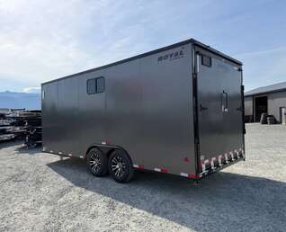 Thumbnail Photo of 2026 Royal 8.5x20 V Nose Cargo Enclosed Trailer Camping Package Charcoal Grey w/ Blackout Pkg, Insulated, Ramp Door, White Walls, 2x Windows & More!