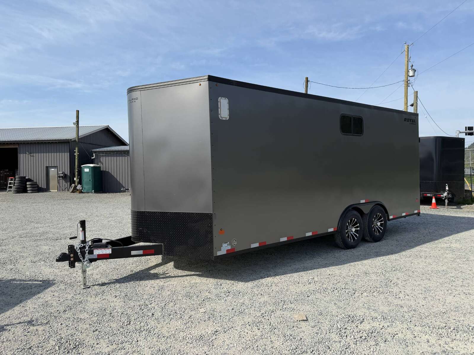 Photo of 2026 Royal 8.5x20 V Nose Cargo Enclosed Trailer Camping Package Charcoal Grey w/ Blackout Pkg, Insulated, Ramp Door, White Walls, 2x Windows & More!
