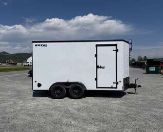 Thumbnail Photo of 2026 Royal 7x14 V Nose Cargo / Enclosed Trailer Extra Height Ramp Door White w/ Blackout Trim Package 7700lb GVW (GSR)