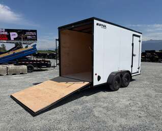Thumbnail Photo of 2026 Royal 7x14 V Nose Cargo / Enclosed Trailer Extra Height Ramp Door White w/ Blackout Trim Package 7700lb GVW (GSR)